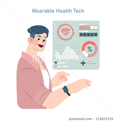 Patient-centric care concept. A person monitors health using wearable technology. Interactive medical data analysis for personalized healthcare. Vector illustration. Patient-centric care concept. A person monitors health using wearable technology. Interactive medical data analysis for personalized healthcare. Vector illustration. 119623530