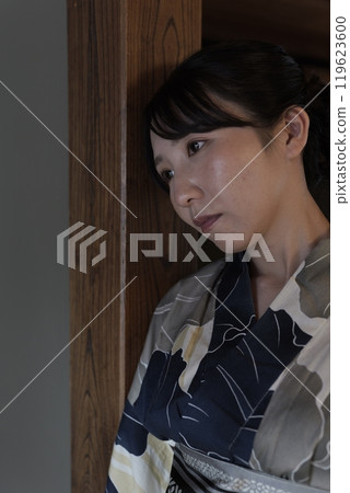 A young woman in a yukata in a Japanese-style room A young woman in a yukata in a Japanese-style room 119623600