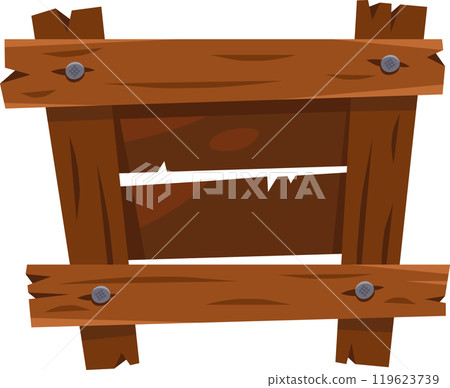 Rustic wooden frame with nails and torn edges, perfect for vintage designs or messages 119623739