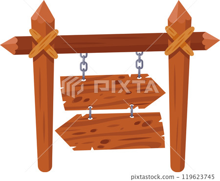 Two weathered wooden arrow signs are hanging from chains attached to a sturdy wooden signpost, creating a rustic and charming wayfinding display 119623745