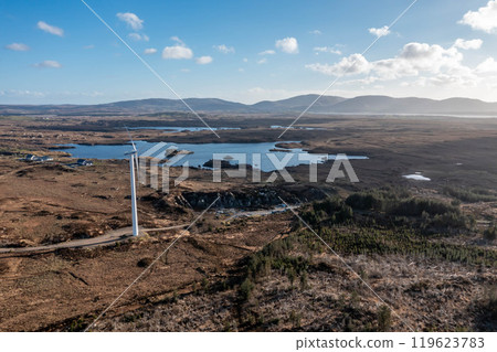 Aerial view of Bonny Glen and the Loughderryduff windfarm between Ardara and Portnoo in County Donegal. 119623783