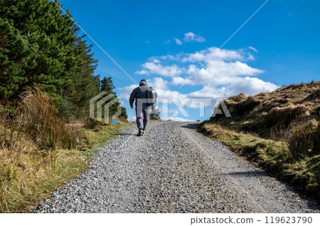 The blue water supply pipe coming from of Lough Anna, the drinking water supply for Glenties and Ardara - County Donegal, Ireland - Carnaween in the background 119623790