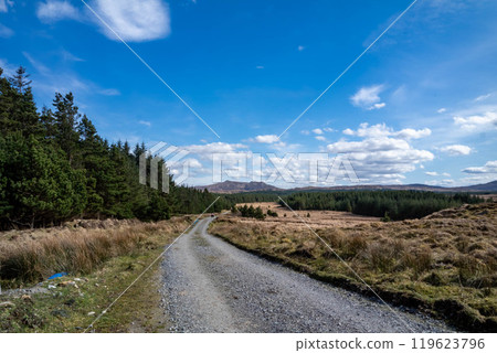 The blue water supply pipe coming from of Lough Anna, the drinking water supply for Glenties and Ardara - County Donegal, Ireland - Carnaween in the background 119623796