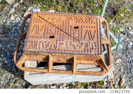 Rusty air valve in Ireland , pipeline repair 119623798