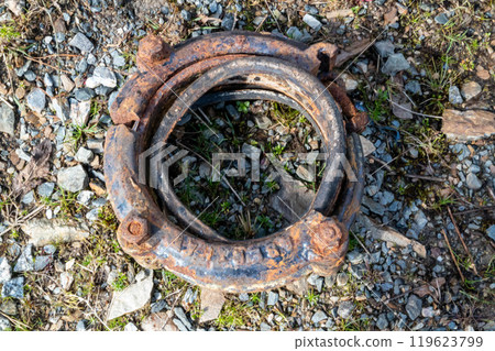 Old and rusty water pipe connector, pipeline repair Old and rusty water pipe connector, pipeline repair 119623799