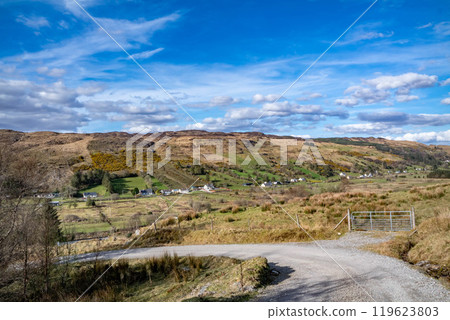 Sign warning of a sharp bend at Meenahalla, Glenties, Republic of Ireland 119623803
