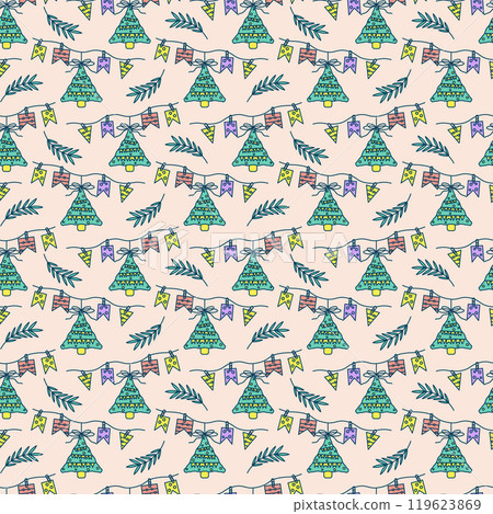 Christmas seamless pattern Christmas tree, festive garland flags . Colorful pattern for wrapping paper, clothes, textiles, stylish print. Vector 119623869