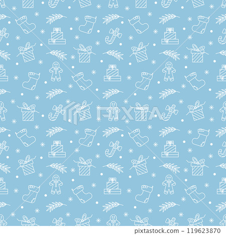 Christmas background with seamless pattern with gingerbread man, gifts, branches, snowflakes. White icons on a blue background, minimalism. For wrapping paper, textiles, clothing, covers. Vector 119623870