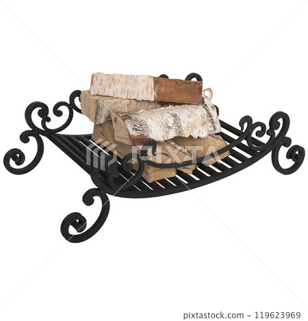 An object photo shoot of black grilles for fireplaces on a light background in the interior. 119623969