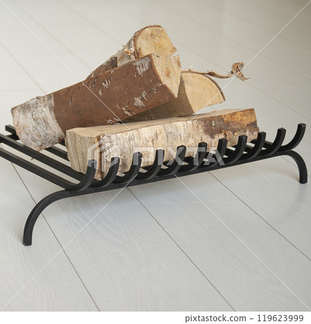 An object photo shoot of black grilles for fireplaces on a light background in the interior. 119623999