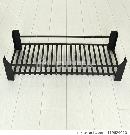 An object photo shoot of black grilles for fireplaces on a light background in the interior. 119624010