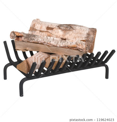 An object photo shoot of black grilles for fireplaces on a light background in the interior. 119624023