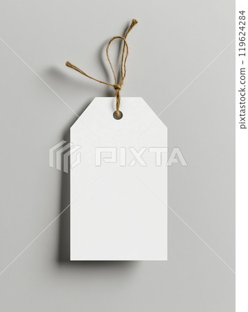 A white rectangular tag mockup, hanging on a string, on a solid background. 119624284