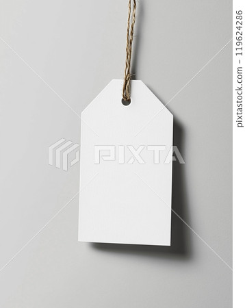A white rectangular tag mockup, hanging on a string, on a solid background. A white rectangular tag mockup, hanging on a string, on a solid background. 119624286