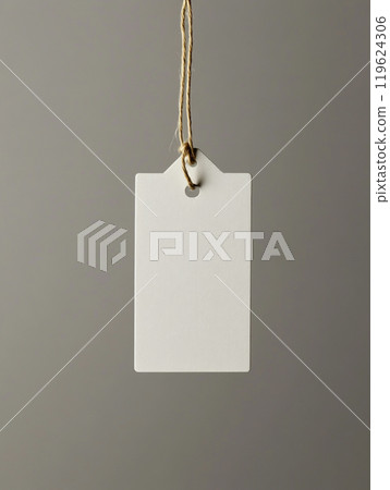 A white rectangular tag mockup, hanging on a string, on a solid background. A white rectangular tag mockup, hanging on a string, on a solid background. 119624306