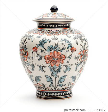 Modern design decorative ceramic jar, isolated on pure white background. 119624417