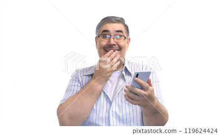 Man Looking at Phone in Amazement - Unexpected Luck, Good News, Lottery Win Concept - Isolated on White Man Looking at Phone in Amazement - Unexpected Luck, Good News, Lottery Win Concept - Isolated on White 119624424