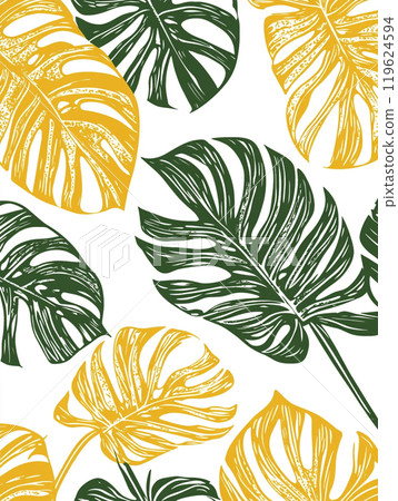 A pattern of green and yellow tropical monstera leaves is printed on a white background. A pattern of green and yellow tropical monstera leaves is printed on a white background. 119624594