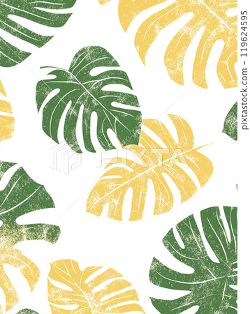 A pattern of green and yellow tropical monstera leaves is printed on a white background. 119624595