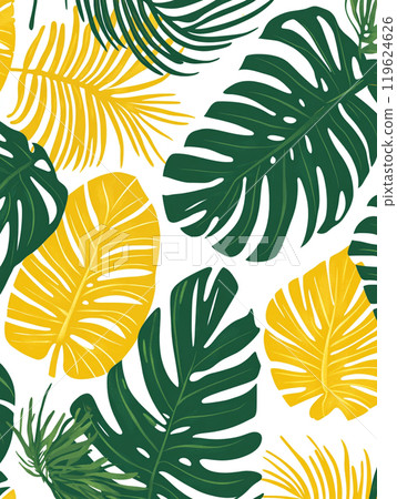 A pattern of green and yellow tropical monstera leaves is printed on a white background. 119624626