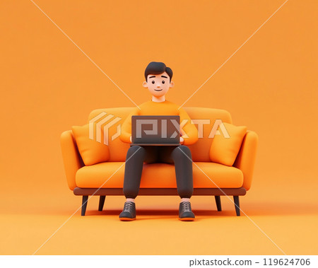 3D character of a man sitting on a sofa with a laptop, against a orange background.   119624706