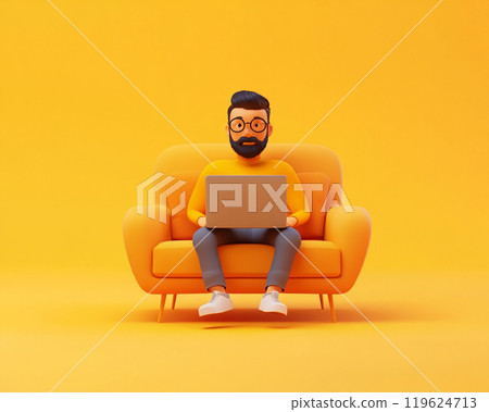3D character of a man sitting on a sofa with a laptop, against a orange background.   119624713