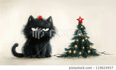 illustration of a grumpy fluffy black cat sitting with a grumpy expression. a christmas tree falling down, with some of the lights glowing. illustration of a grumpy fluffy black cat sitting with a grumpy expression. a christmas tree falling down, with some of the lights glowing. 119624957