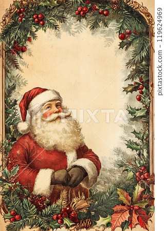 early antique Victorian chromolithograph note card with santa theme border fill the entire page 119624969