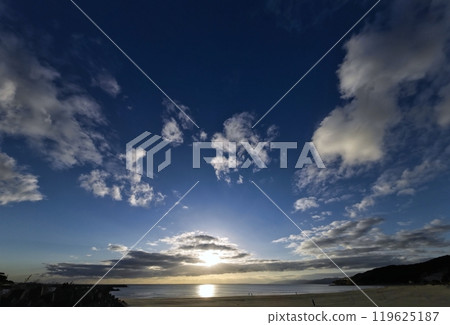 Evening sky with various clouds and sandy beach, winter, ultra-wide angle, sky-focused, 240101pm Evening sky with various clouds and sandy beach, winter, ultra-wide angle, sky-focused, 240101pm 119625187