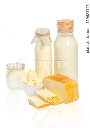 Assorted dairy products cheese, sour cream, and butter, Lactose free dairy products isolated on white background 119625193