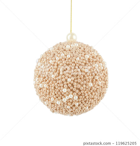 Golden glittering Christmas bauble ornaments. Christmas ball isolated on white background, Xmas ball shiny decor, Happy New Year wintertime decoration 119625205