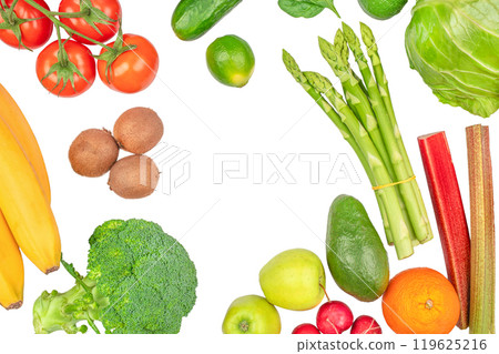 Different fresh fruits and vegetables. Healthy clean vegan eating, set isolated on white, top view Different fresh fruits and vegetables. Healthy clean vegan eating, set isolated on white, top view 119625216