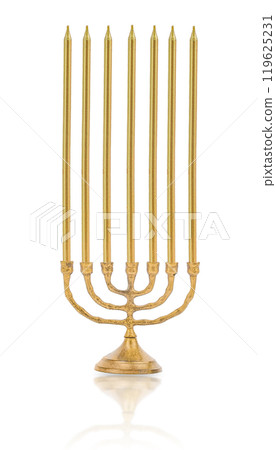 Golden menorah with candles isolated on white background Golden menorah with candles isolated on white background 119625231
