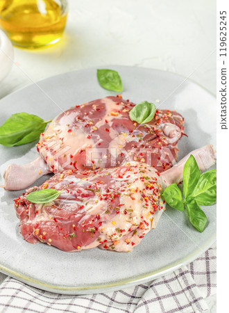 Raw Duck Legs, Uncooked Poultry Meat on a wooden board on a light background top view. copy space Raw Duck Legs, Uncooked Poultry Meat on a wooden board on a light background top view. copy space 119625245