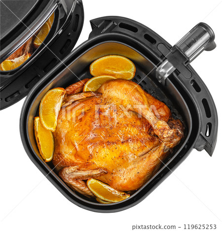 Roasted chicken from the hot air fryer oven isolated on white background 119625253