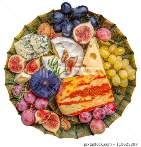 Cheese platter with various cheese, with grapes. fruits with cheese isolated on white background. top view. top view Cheese platter with various cheese, with grapes. fruits with cheese isolated on white background. top view. top view 119625297