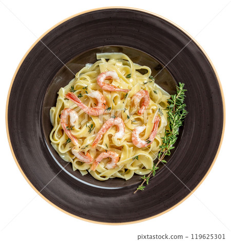 pasta with shrimps, Italian pasta fettuccine or tagliatelle in a creamy sauce with shrimps isolated on white background. top view. top view 119625301