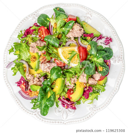 tuna, tomato, avocado, fresh salad healthy eating cooking appetizer isolated on white background. top view 119625308