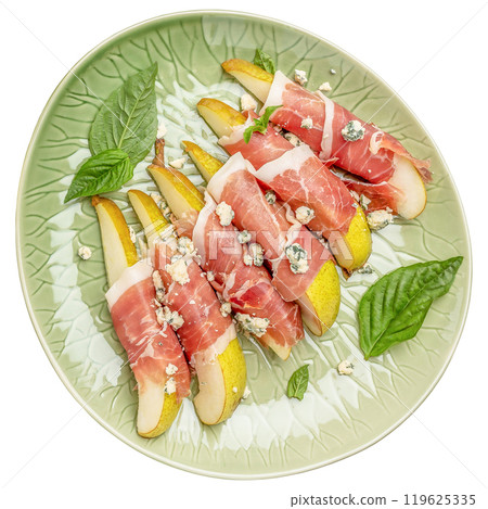 Pear with jamon, prosciutto ham and blue cheese. Italian antipasto isolated on white background. top view clipping path. top view Pear with jamon, prosciutto ham and blue cheese. Italian antipasto isolated on white background. top view clipping path. top view 119625335
