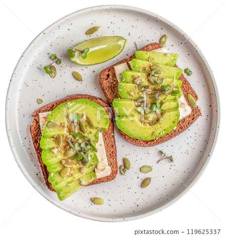 Avocado toast with feta on a plate isolated on white background. top view clipping path. top view Avocado toast with feta on a plate isolated on white background. top view clipping path. top view 119625337
