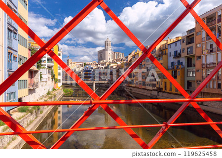 View of Girona Cathedral Through Red Bridge in Girona, Spain 119625458