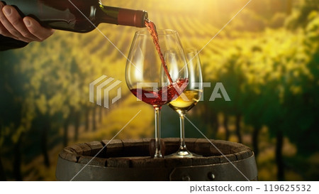 Detail of Red Wine Pouring on Vineyard. Detail of Red Wine Pouring on Vineyard. 119625532