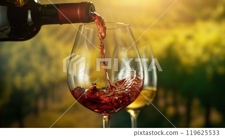 Detail of Red Wine Pouring on Vineyard. Detail of Red Wine Pouring on Vineyard. 119625533