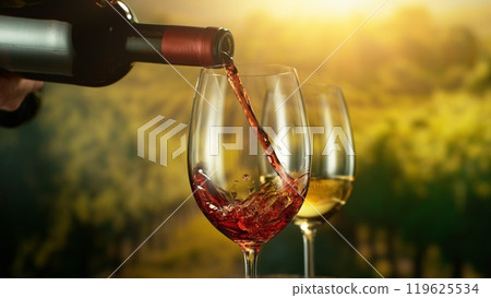 Detail of Red Wine Pouring on Vineyard. Detail of Red Wine Pouring on Vineyard. 119625534