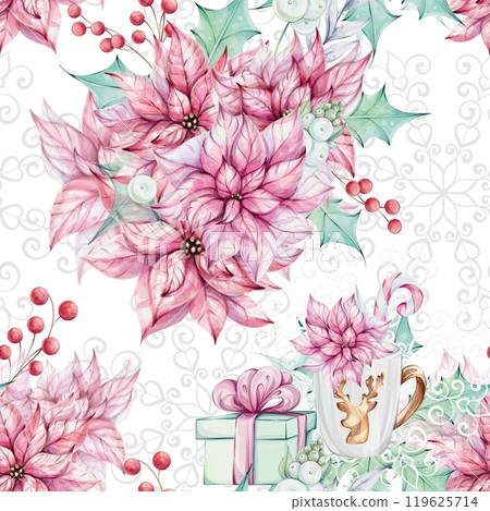 Watercolor seamless pattern - Christmas arrangement red lantern with Red poinsettia and holly green leaves, gift and mug with candy cane. Openwork snowflake. Romantic retro style. Winter festive decor 119625714