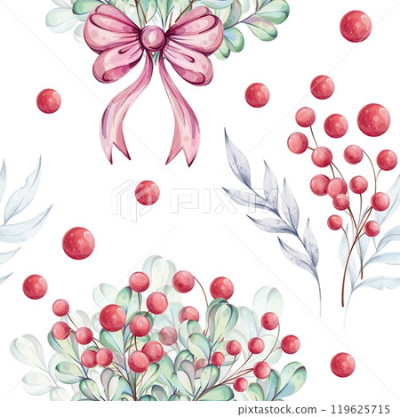 Christmas watercolor seamless pattern - bouquets with holly blue leaves and red berries, bow. Winter composition, decor in retro style. Illustration hand drawn. For wallpaper, background, fabric 119625715