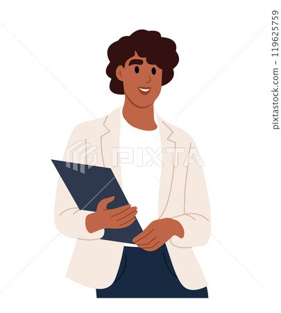 Female employee, business consultant, holds a folder with important documents. Vector flat illustration isolated on white background Female employee, business consultant, holds a folder with important documents. Vector flat illustration isolated on white background 119625759