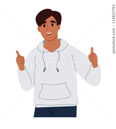 Young African American man with thumbs up showing agreement and approval. Man showing sign is great. Vector flat illustration isolated on white background Young African American man with thumbs up showing agreement and approval. Man showing sign is great. Vector flat illustration isolated on white background 119625761