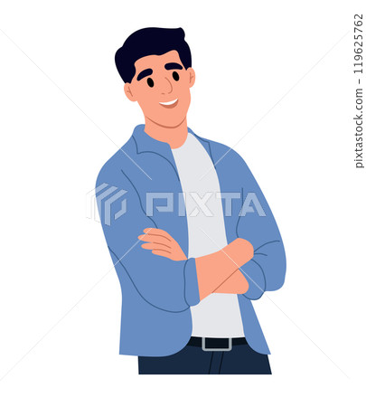Young ambitious worker standing with crossed arms. Vector flat illustration isolated on white background Young ambitious worker standing with crossed arms. Vector flat illustration isolated on white background 119625762