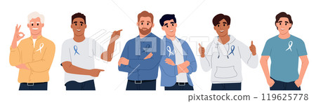 Prostate cancer awareness ribbon with. A mans and a symbol of men health. Flat vector illustration 119625778